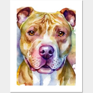 Light Brown Pit Bull Terrier Watercolor Portrait Posters and Art